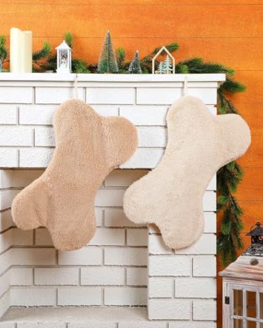 Hollowfly 2 Pcs Dog Christmas Stockings Natural Faux Fur Sherpa Bone Shaped Fireplace Hanging Christmas Puppy Stockings 18.5 Inch Large Xmas Pet Stocking Gift for Dog Lovers Holiday Decor(Beige Khaki)