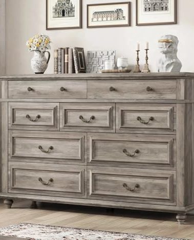 Jocoevol Farmhouse 9 Drawer Dresser, Grey Dressers for Bedroom, Vintage Design Wide Dressers, Dresser for Bedroom with Natural Texture for Living Room, Hallway