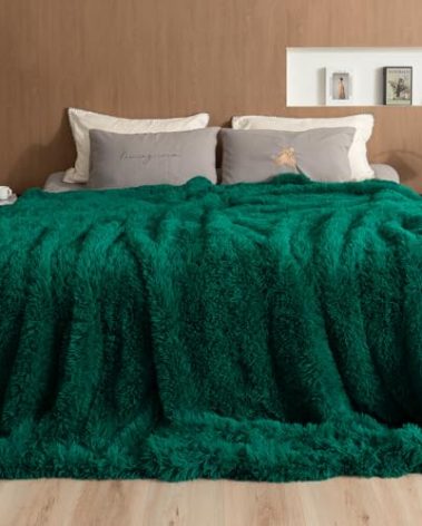 Pawque Faux Fur Blankets Queen Size 90x90 Inches, Soft Fuzzy Fluffy Blanket, Warm Thick Sherpa Long Hair Shag Reversible Lightweight Cozy Throw for Bedroom Sofa Couch, Green