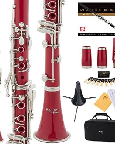 Mendini by Cecilio B Flat Clarinet for Beginner, Ebonite Bb Clarinet with 2 Replaceable Barrels, 10 Reeds, Stand, Pocketbook, Mouthpiece, Hard Case, Gloves (Red)