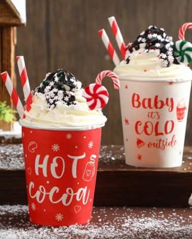 Jingmore 2 Pack Christmas Tiered Tray Decor with Faux Whipped Cream Cups Santa Claus Mug Hot Cocoa Decor Christmas Table Centerpiece for Xmas Shelf(Hot Cocoa,Red and White)