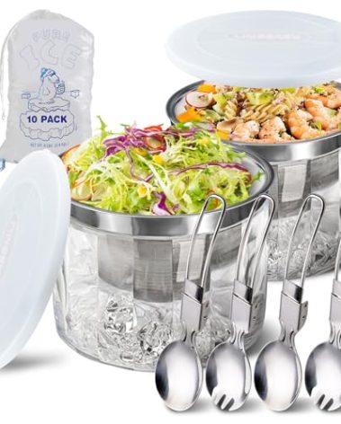 LIMOEASY Small Chilled Serving Bowl 2 Pack, 25oz Ice Chilled Dip Bowl with Lid for Parties, Cold Serving Dish for Hummus, Salsa, Guacamole, Sauces, Pasta