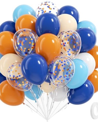 BAUANOOY Blue and Orange Balloons, 60pcs 12 Inch Orange Blue White Nude Latex Balloon with Confetti Balloons Ribbon for Baby Shower Graduation Blue Birthday Party Decorations