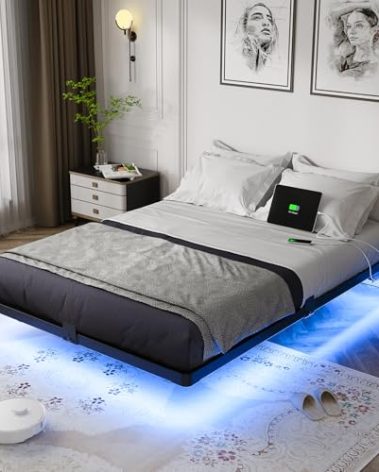 OLEVS Floating Bed Frame Full Size with Smart LED Lights and Charging Station - Modern Metal Platform Bed, Easy Assembly No Box Spring Needed