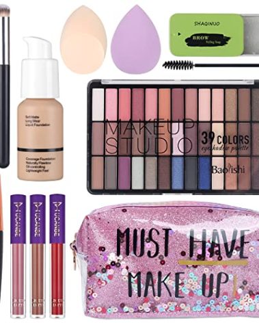 Makeup Set For Women Full Kit - 39 Colors Nude Smokey Eyeshadow Palette, Liquid Foundation + Concealer Brush, Black Mascara Eyeliner Pen, Matte Liquid Lipstick Set, Eyebrow Soap Gel Kit, Makeup Sponges with Makeup Bag Gift Set
