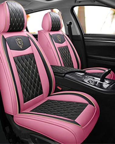 Car Seat Covers Front Seats, Super Luxurious Heavy Universal Duty Waterproof Leather Automotive Vehicle Cover for Cars SUV Pick-up Truck, Non-Slip Seat Pink Car Accessories (2 PCS Front/Black Pink)