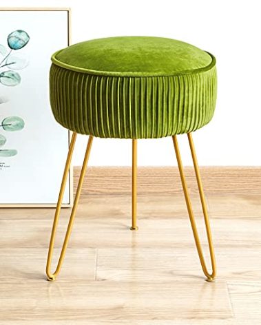 LUE BONA Pleated Vanity Stool, Velvet Upholstered Vanity for Makeup Room, Round Mondern Stool for Vanity, Ottoman Footrest with Metal Legs for Living Room, Bedroom, Matcha Green