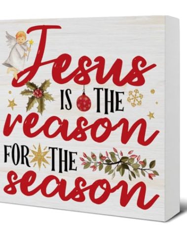 Jesus Christmas Decorations, Jesus is the Reason for the Season Wooden Sign, Christian Christmas Decor, Christmas Decor for Desk Table Shelf 5 x 5 Inches