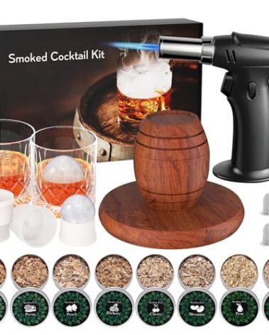 Whiskey Smoker Kit with Torch - 8 Flavors Wood Chips, 2 Glasses, 2 Ice Ball Molds - Cocktail Smoker Infuser Kit, Old Fashioned Drink Smoker Kit, Birthday Bourbon Valentines Day Gifts for Men, Dad
