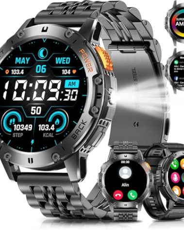PODOEIL Military Smart Watches for Men with Bluetooth Call, 1.43" AMOLED Waterproof Smartwatch with Flashlight, 111 Sport Modes, 530mAh Heart Rate/SpO2/Sleep Monitor Fitness Tracker for Android iOS