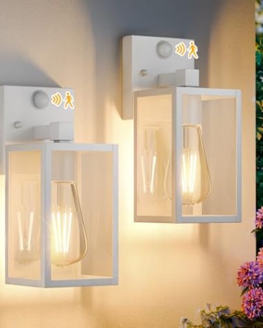 2 Pack White Motion Sensor Outdoor Light Fixtures Wall Mount, Dusk to Dawn Front Porch Lights for House, Exterior Wall Sconce, Waterproof Lantern Lamp,Outside Coach Light for Garage Entryway Yard