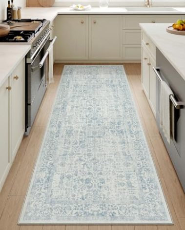 PureCozy Blue Runner Rug 2x5 Hallway Machine Washable Kitchen Vintage Distressed Non Slip Long Carpet Indoor Retro Floral Bedroom Accent Throw Rug for Bathroom Office Laundry Dining Room