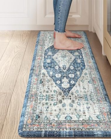 Collive Kitchen Mats for Floor, Boho Non Slip Kitchen Cushion Rug Kitchen Floor Mats Anti Fatigue for Office, Laundry, Sink, 17”x47”Dark Blue Non-Skid Waterproof Standing Desk Mat