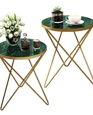 HLR Modern Round Side Table Set of 2, End Table with Marble Effect Top and Gold Metal Frame, Small Side Table for Living Room, Bedroom, Sofa and Couch, Gold Legs, Green Marble top