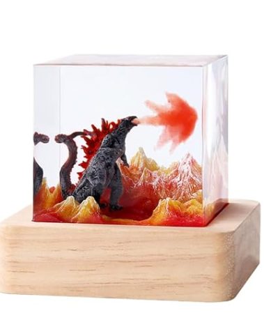Aswdbbn Handmade Go.dzi.lla Resin Lamp with Wooden Base, USB LED Light – 3D Fire-Breathing Monster Night Light for Bedroom, Desk, or Office Decor, Unique Collectible Gift for Fans & Adults