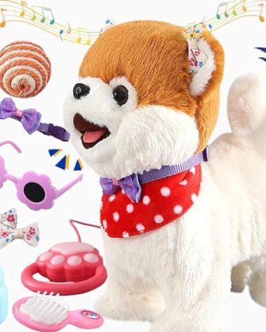 Ylpaprm Pomeranian Walking Dog Toy for Girl Licking Barking Dog with Control Leash, Interactive Repeat What You Say, Talking Singing Robot Tail Wag Electric Pretend Dress Up for Kid