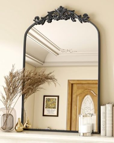 VooBang Vintage Arched Bathroom Mirror, 24x36 Inch Retro Wall Mounted Vanity Mirror with Carved Pattern Top and Metal Frame, Black Decorative Mirror for Hanging or Leaning