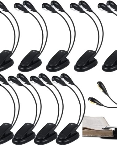 Rossesay 10 Pcs LED Book Light USB and AAA Battery Operated Music Stand Clip on Reading Light 4 Brightness Levels Dual Arm Clip Lamp for Eye Protection Bookworms Orchestra Readers Piano Player