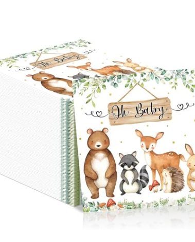 50pcs Woodland Animals Baby Shower Paper Napkins Forest Animals Disposable Napkins Decorative Creature Luncheon Dinner Napkin for Party Supplies Table Decor, 6.5 x 6.5 Inch