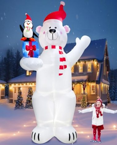 PARAYOYO 12.2FT Giant Christmas Inflatable Polar Bear & Penguin with Xmas Gift Box Decoration, Christmas Blow Up Penguin and Bear Inflatable Built-in 6 LED for Christmas Inflatables Outdoor Decoration