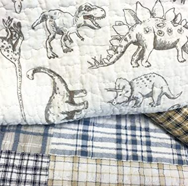 Cozy Line Home Fashions Benjamin Cute Dinosaur Plaid Navy Blue White Grey Bedding Quilt Set 100% Cotton Reversible Coverlet Bedspread Set for Kids Boy (Queen - 3 Piece)