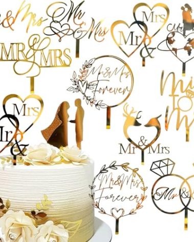 10Pcs Mr And Mrs Cake Topper Acrylic Wedding Cake Toppers Bride And Groom Mr & Mrs Cake Topper Gold Cake Decorations Cake Decor for Engagement Bridal Shower Anniversary Cake Decoration Supplies