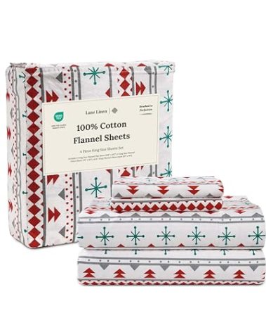 LANE LINEN 100% Cotton King Flannel Sheets Set - Brushed for Extra Softness - Lightweight & Durable Cotton Flannel King Sheets Set - Warm & Cozy Fall Bed Sheets with 15" Deep Pocket - Snowflake Red