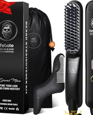 FEBOTE Heated Ionic Hair Straightening Brush for Men - 5 Temperature Settings, Anti-Scald, Beard Shaper & Travel Bag