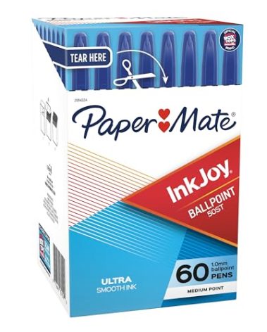 Paper Mate® InkJoy 50ST Stick Ballpoint Pens, Medium Point, 1.0 mm, Clear Barrels, Blue Ink, Box of 60