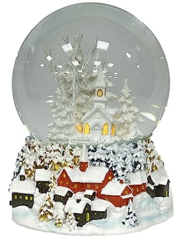 Ashfield & Harkness Winterland Church Decorative Snow Globe with Wind Up Music Box and LED Battery Operated Light