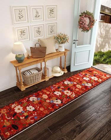 Rugcomf Runners for Hallways Kitchen Runner Rug Non Slip 2'x 10' Long Washable Rugs with Rubber Backing Soft Floral Carpet Runner for Hallways, Kitchen, Laundry, Bedroom, Bathroom(Red)