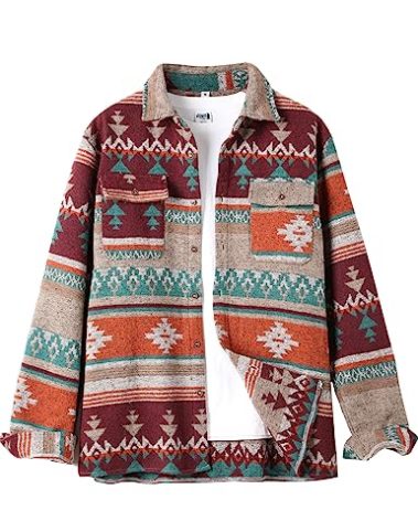 VIEWON Men's Casual Aztec Print Button Down Woolen Long Sleeve Lightweight Lapel Western Shacket Jacket Coat Dark Red XL
