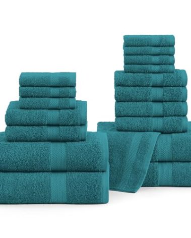 LANE LINEN 100% Luxury Cotton Bathroom Towels Set - 18 Pc - Super Soft, Quick Dry & Highly Absorbent - 4 Bath, 8 Washcloth, 6 Hand Towels - Premium Hotel Quality, Ideal for Spa & Salons - Seaport Blue