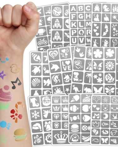 183 PCS Face Paint Stencils for Kids, Boys Girls Face Stencils Temporary Tattoo Stencils, Glitter Tattoo Stencil Stickers for Kid School Show Birthdays New Years Party, Face Paint Stencils Reusable