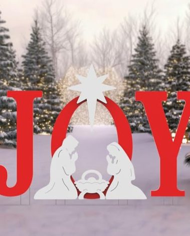 FUNNGO Joy Christmas Nativity Decorations Outdoor - 42 inch Red Nativity Scene Yard Sign Set Built with Weather Resistant & Durable PVC Silhouettes for Yard, Patio, Lawn