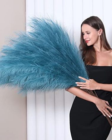 8 Pcs 45 inch Tall Faux Pampas Grass Decor, Large Artificial Blue Pompous Grass Bulk, Long Fake Pompas for Floor Vase Filler, Wedding, Baby Shower, Home and Boho Decor (Blue)