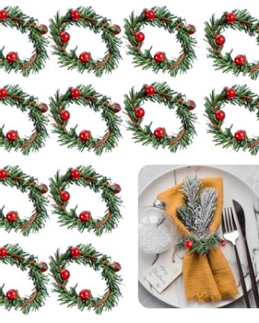 PEOVLVN 12 Pcs Christmas Napkin Rings Set of 12 Wreath Napkin Rings with Red Berry Christmas Napkin Holder for Winter Christmas Thanksgiving Party Dinner Table Setting Decoration