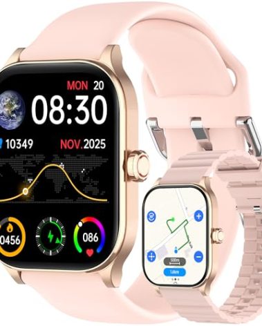 Smart Watch with Built-in GPS and Offline Maps, 1.96" HD Display, Answer/Make Calls, 100+ Sport Modes, Heart Rate/Sleep/SpO2 Monitor, Fitness Activity Tracker for Android and iPhone, 2 Bands, Pink