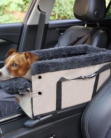 Center Console Dog Car Seat for Small Dogs,PU Leather Small Dog Car Booster Seat,Washable Foldable Puppy Car Seat with Safe Protection Hooks Adjustable Straps and Storage Pocket Pet Up to 15lbs