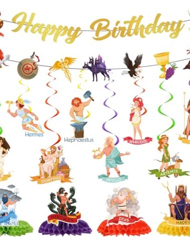 Greek Mythology Gods Party Decorations - 14 Pcs Ancient Greek Decor Happy Birthday Banner Hanging Swirls Honeycomb Centerpieces for Ancient Goddess Theme Birthday Party Decor Supplies