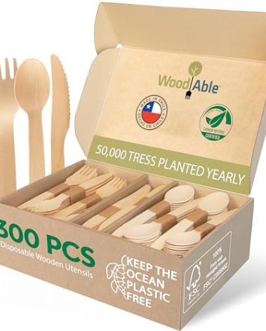 Disposable Wooden Cutlery Set - 100% Home Compostable - 300 Mix (120 Forks, 120 Spoons and 80 Knives) 6.5", Bamboo Utensils Alternative, Eco-Friendly, Organic, Sustainable and Carbon Neutral Certified