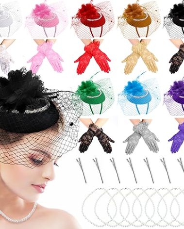 Shinymoon 24 Pcs Women Fascinators Hats Tea Party Hats Lace Gloves and Pearl Necklace Set Vintage Veil Cocktail Headpiece for Wedding Church Evening Funeral Accessories
