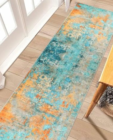 Famibay Abstract Colorful Rugs 2x10 for Hallway with Rubber Backing, Washable, Non-Slip, Modern Soft Low Pile Carpet Runners for Kitchen, Bathroom