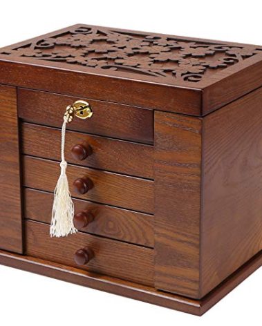 Changsuo Wooden Jewelry Box for Women, Organizer Box of Solid Wood with Lock and Key for Jewelries, Watches, Necklace, Ring, Lockable Storage Case (Dark Brown)