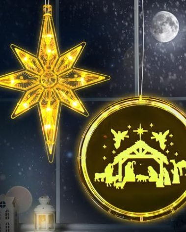 Baquler Christmas Nativity Scene and Bethlehem Star Window Lights Christmas Lights Set Jesus Window Hanging Lights Christian Religious Lighted for Xmas Indoor Outdoor Party Decor(Nativity)