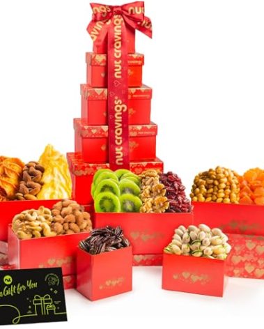 NUT CRAVINGS - Valentines Day Dried Fruit & Mixed Nuts Gift Basket, Red Tower + Heart Ribbon (12 Assortments) Food Arrangement, Healthy Snack Care Package, Kosher