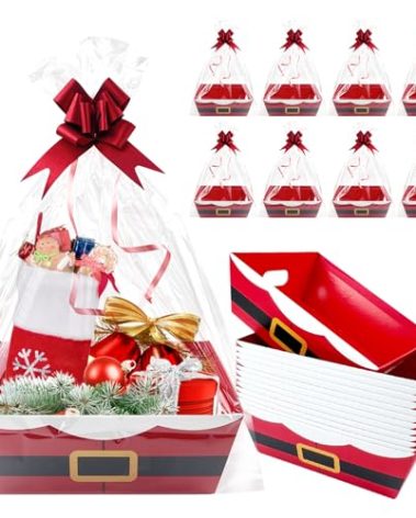 42 Pcs 14 Pack Christmas Baskets for Gifts Empty 8.5" x 10" with Xmas Pull Bows Clear Present Bags, Red Santa Claus Belt Empty Gift Baskets Kit To Fill for Winter Christmas Holiday Party Favors