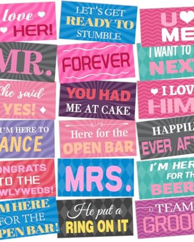 24 Designs Wedding Photo Booth Props Double Sided 11x5.5 Inch Photo Booth Props Wedding Marriage Parties Decorations Set DIY Water Proof Selfie Signs PVC Printing for Bridal Party Supplies