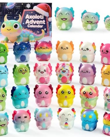 Slow Rising Advent Calendar 2025 with 24 Pcs Squeeze Axolotl Toy for Vacation Countdown Calendar Stress Relief Gifts for Christmas Stocking Stuffers