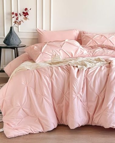 Maple&Stone Pink Comforter Set Queen, 7 Pieces Bed in a Bag Queen, Pintuck Bedding Sets with Comforter, Sheets, Pillowcases & Shams - Pink